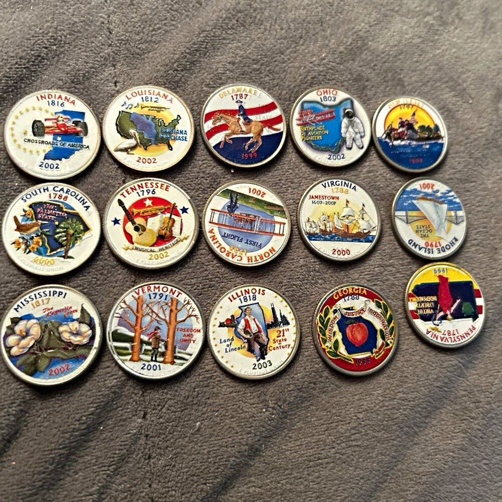 Colorized US State Quarters 25C Partial Set 1999 Business Strike IN LA DE OH SC